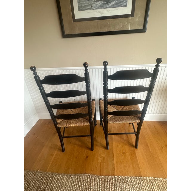 Farmhouse Pair Hitchcock Ladderback Chairs With Rush Seats For Sale - Image 3 of 7