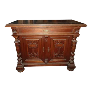 Antique Black Marble Top French Victorian Ornate Sideboard Cabinet Entry Table