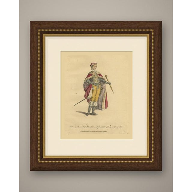 An original antique print, a copper engraving colored by hand, lettered "Habit of a Count of Flanders and protector of the...