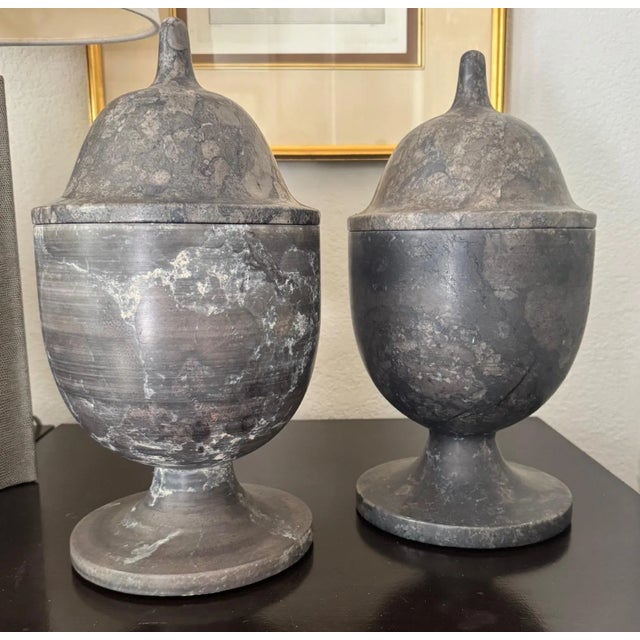 2020s Pair of Solid Black Marble Covered Vessels For Sale - Image 5 of 5