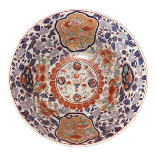 Early 20th Century Large 10” Chinese Imari Floral Punch Bowl - Blue, Iron Red & Gold Decor For Sale