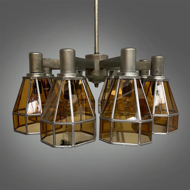 Silver Art Deco German Chandelier in Yellow Glass and Metal, 1930s For Sale - Image 8 of 18