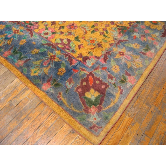 1930s Yellow Floral Modern Antique Indian Cotton Agra Rug 6'3" X 9' Knotted Pile Carpet For Sale - Image 4 of 5
