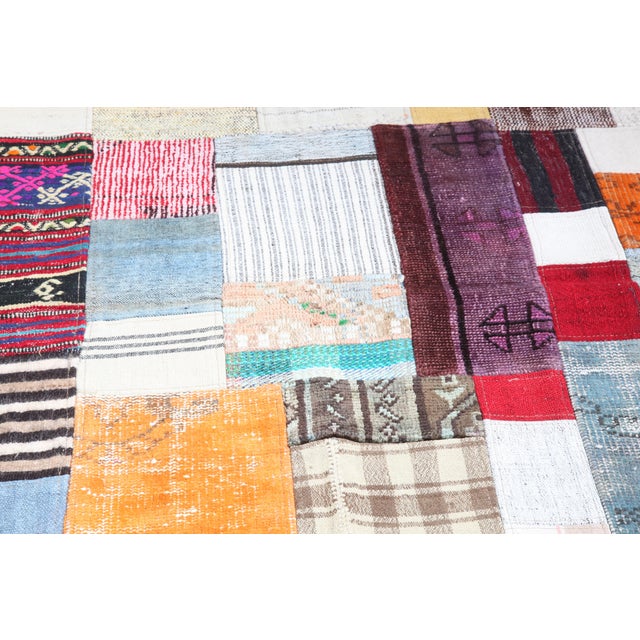 Mid 20th Century Multicolor Tribal Handwoven Kilim & Rugs Patchwork – A Statement Piece for Bohemian Interiors -3' 10'' X 5' 11'' For Sale - Image 9 of 11
