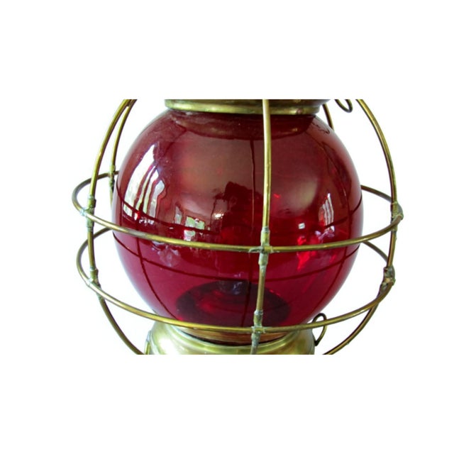 1910s Antique Perkins Brass Onion Lantern 20" Ruby Red Glass Nautical Ship Oil Lamp For Sale - Image 5 of 8