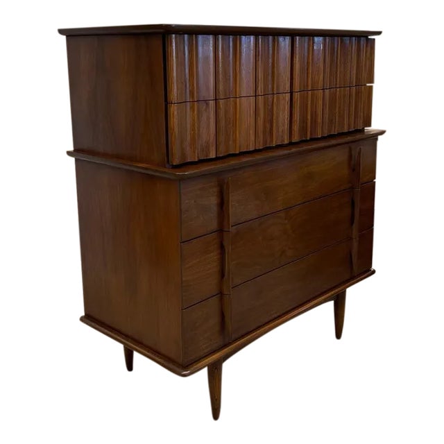 1970s Vintage Mid Century Modern Highboy Dresser by United With Sculpted Wood Front For Sale