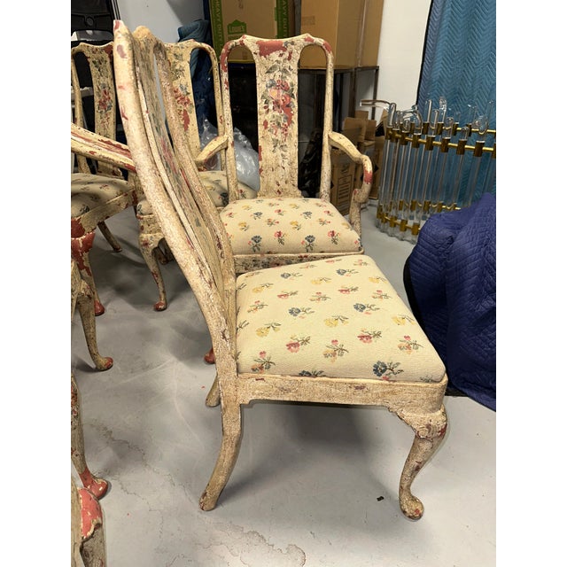 Early 20th Century Set of 8 Painted Chippy Dining Chairs with Needlepoint Floral Seats For Sale - Image 10 of 18