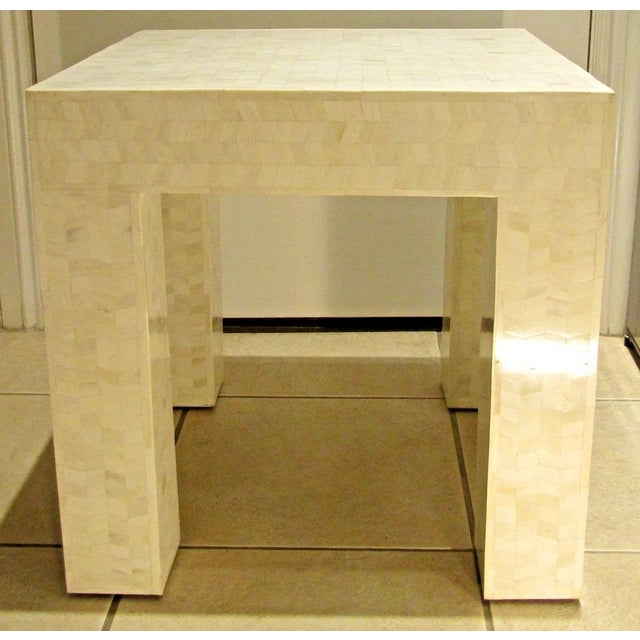 Matched Pair Tessellated Bovine Bone Parsons Style End Tables Circa 1980s For Sale - Image 4 of 12