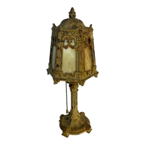 Early 20th Century Cast Iron Boudoir Slag Glass Lamp
