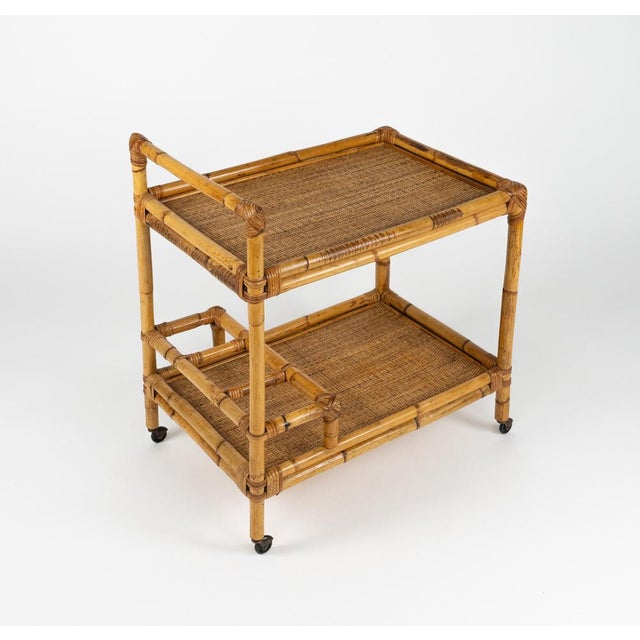 Wood Mid-Century Modern Bamboo and Rattan Serving Bar Cart, Italy, 1960s For Sale - Image 7 of 17