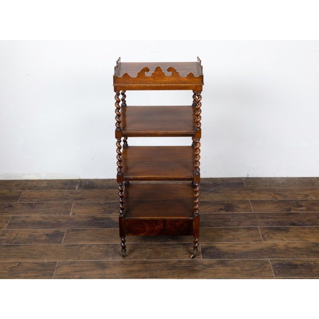 English 19th Century Walnut Barley Twist Tiered Shelf on Casters with Drawer For Sale - Image 9 of 12