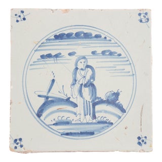Delft Faience Tile of a Girl in a Landscape, C. 1700’s For Sale