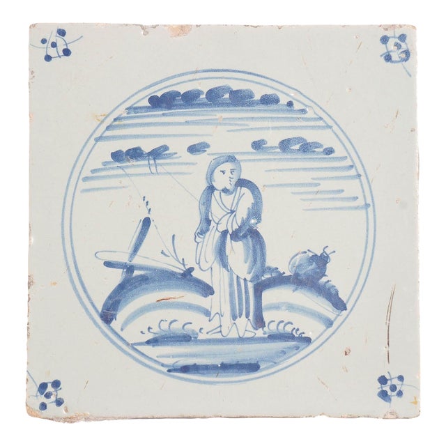 Delft Faience Tile of a Girl in a Landscape, C. 1700’s For Sale