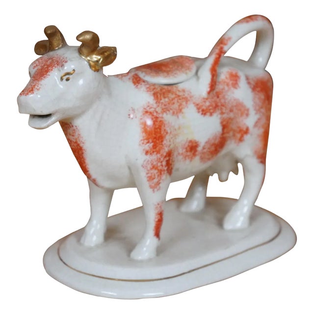 Antique English Staffordshire Porcelain Red & White Cow Bull Creamer Pitcher For Sale