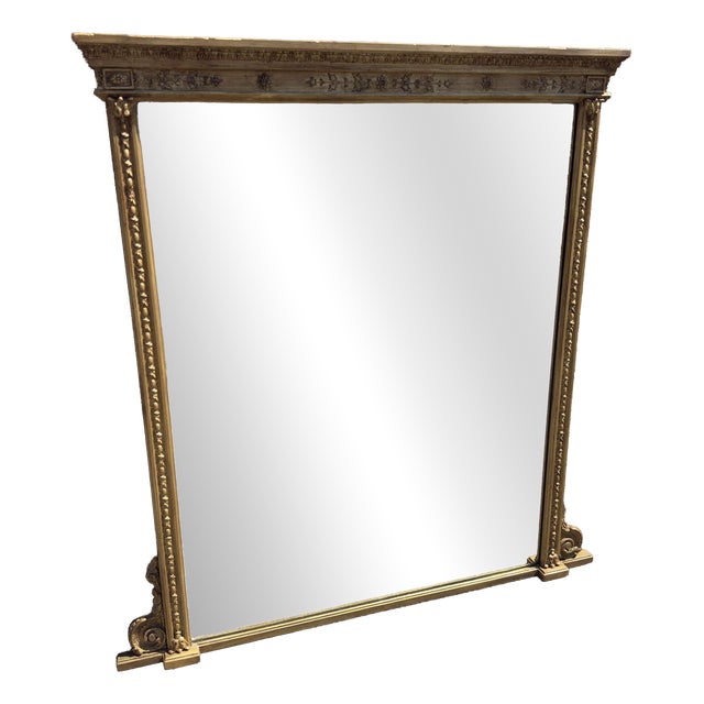 Large Antique English Carved Wood and Gesso Gilt Overmantle Mirror, 1800s For Sale