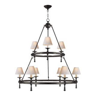 Chapman & Myers for Visual Comfort Signature Classic Two-Tier Ring Chandelier in Bronze with Natural Paper Shades For Sale