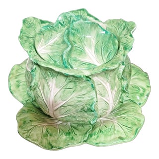 Vintage Mid-Century Modern Fitz and Floyd Majolica Cabbage Soup Bowl and Saucer For Sale