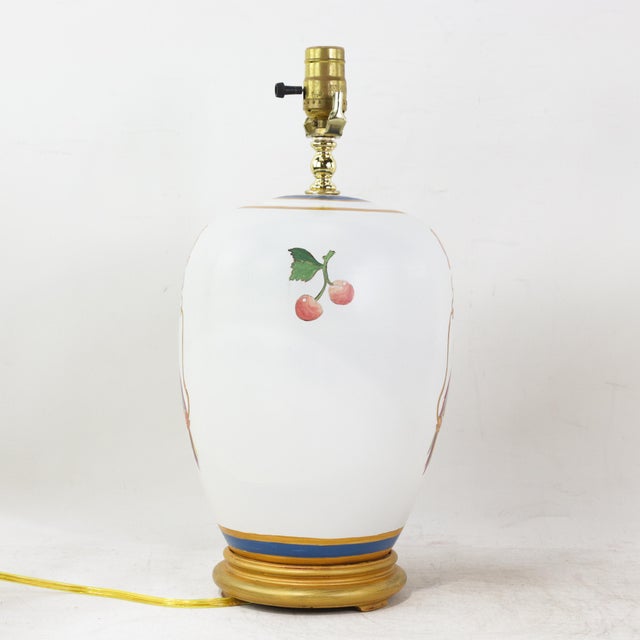 Early 21st Century Vintage Hand-Painted Ceramic Table Lamps With Chinoiserie Parrots and Cherry Motif - a Pair For Sale - Image 5 of 14