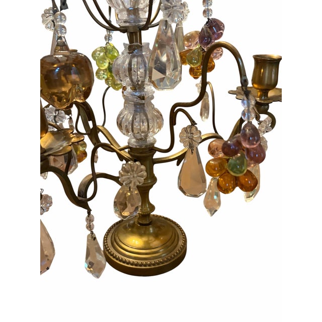 1950s Pair 3-Arm French Gilt Brass Crystal Fruit and Crystal Candelabra, Made in France, Mid-Century Hollywood Regency For Sale - Image 5 of 12