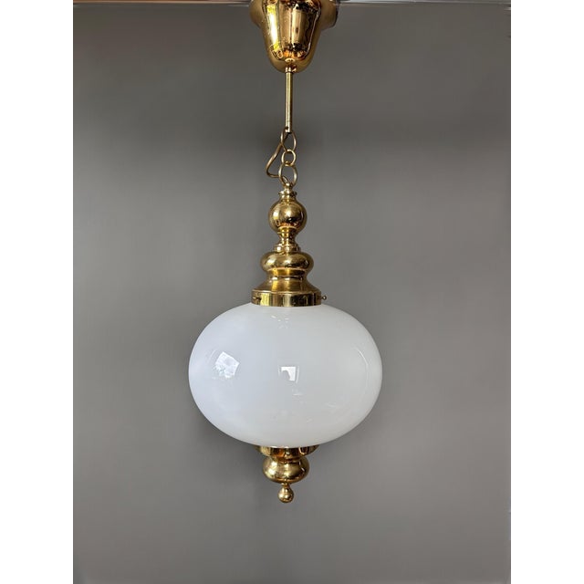 Gold Vintage Pendant Lamp with Opal Glass Globe and Brass Details, 1970s For Sale - Image 8 of 8