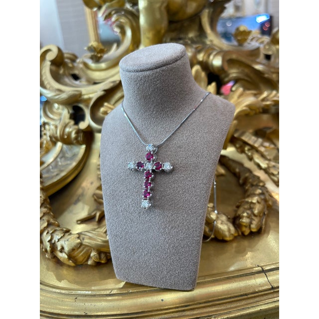 Modern 14k White Gold Diamond & Ruby Cross Pendant Necklace For Sale - Image 3 of 7