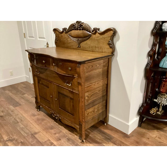 Antique Solid Oak 1800's Sideboard Buffet Cupboard Fancy Carving All Original For Sale - Image 10 of 11