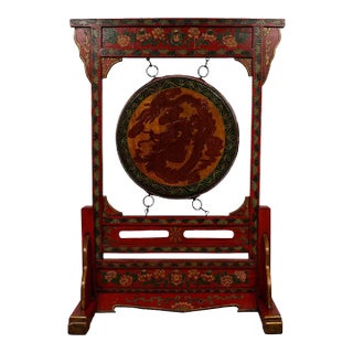 Early 20th Century Tibetan Dragon and Phoenix Drum With Stand For Sale