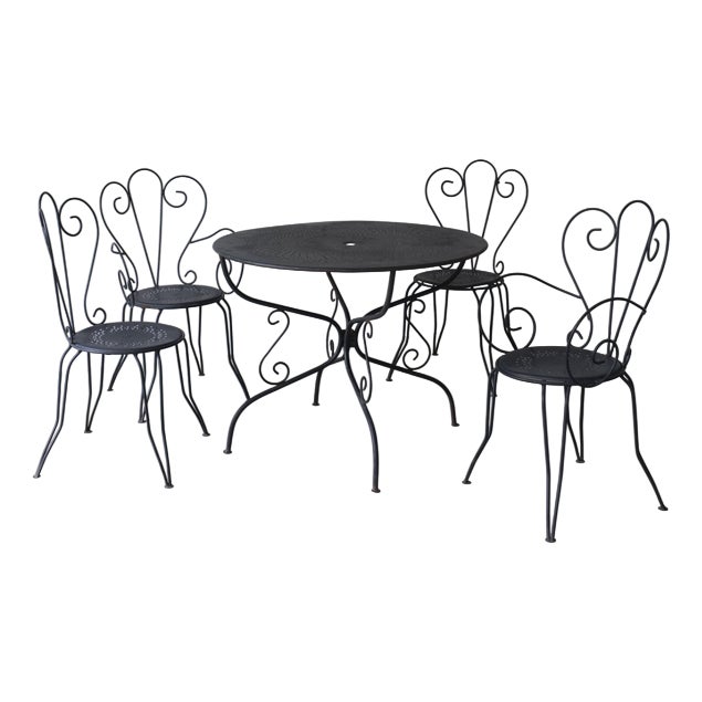 French Wrought Iron Garden Dining Set, 1950s, Set of 5 For Sale