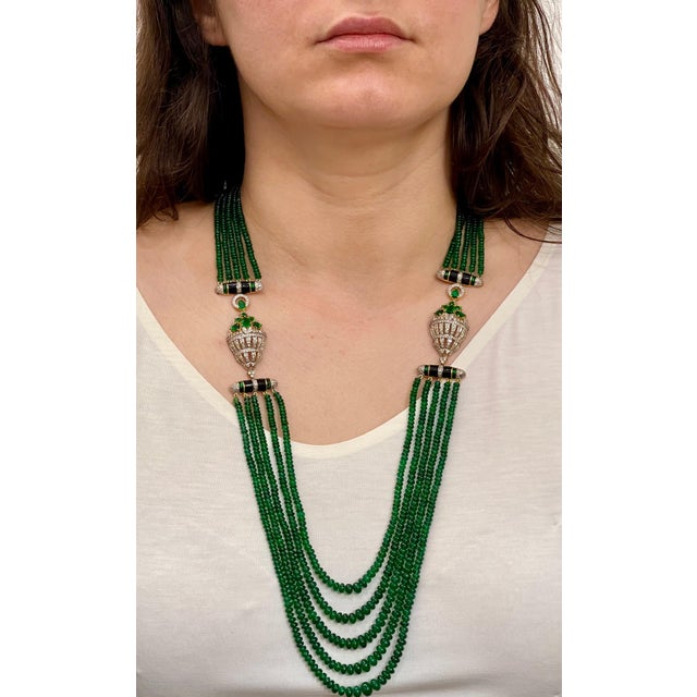 335 Carat 5-Strand Emerald Necklace with 6.5 Carat Diamond & Enamel in 14k Gold For Sale - Image 18 of 18