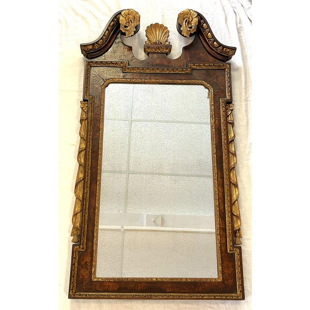 Wood Antique English George II Solid Mahogany Mirror With Swan Neck Pediment and Shell Cartouche For Sale - Image 7 of 18