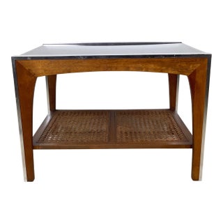 Mid-Century Lane Two-Tier End Table With Smoked Glass and Cane Shelf For Sale