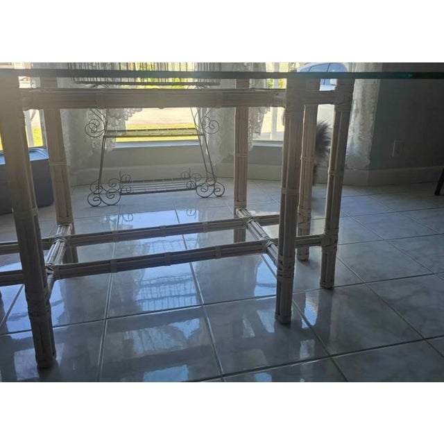Contemporary Baker, McGuire Attributed 6 Person Bamboo Dining Table With Glass Top. White Bamboo Rattan Base With Thick Beveled Glass Top. Fits All Decor Styles. For Sale - Image 3 of 6