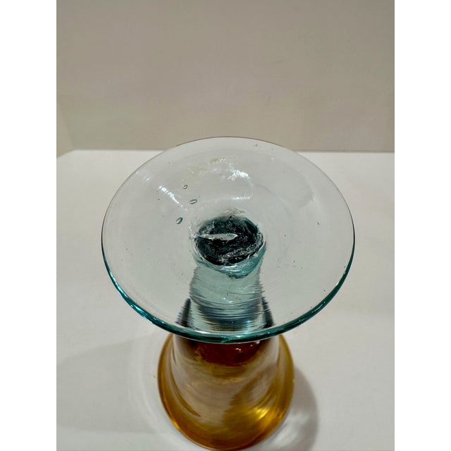 Mid 20th Century Vintage Amber and Blue-Green Stemmed Goblets Hand Blown Art Glass Wine Glasses - a Pair For Sale - Image 5 of 6