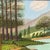Vintage folk art tranquil landscape oil on canvas painting depicting a natural scene with evergreen trees, a body of...