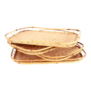 Vintage Mid Century Woven Rattan Stacking Serving Trays - Set of 4 For Sale