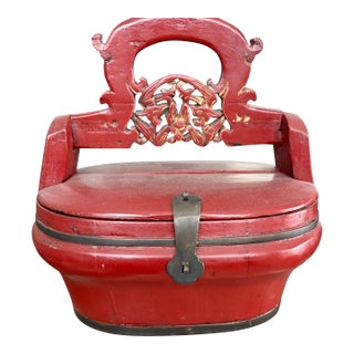 Antique Chinese Qing Dynasty Red Lacquer Wedding Basket — Carved Gilt Handle For Sale