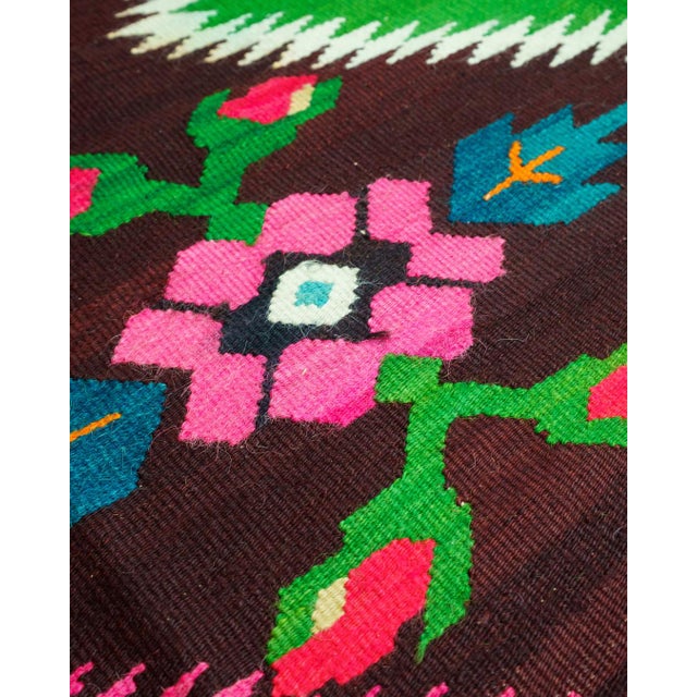 Extra-long vintage Romanian handwoven 100% wool flatweave runner (scoarță / kilim-style) with a vivid bright green field...