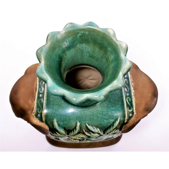 Large Vintage Ceramic Elephant Vase With Brown Matte Glaze and High Gloss Teal Glaze in Center