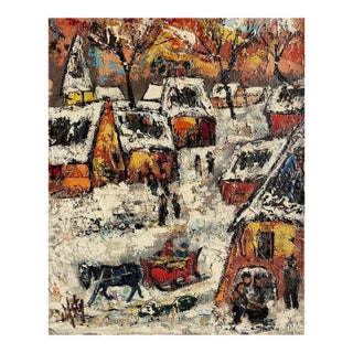 1970 Henry Maurice d'Anty Village Sous La Neige Oil on Canvas For Sale
