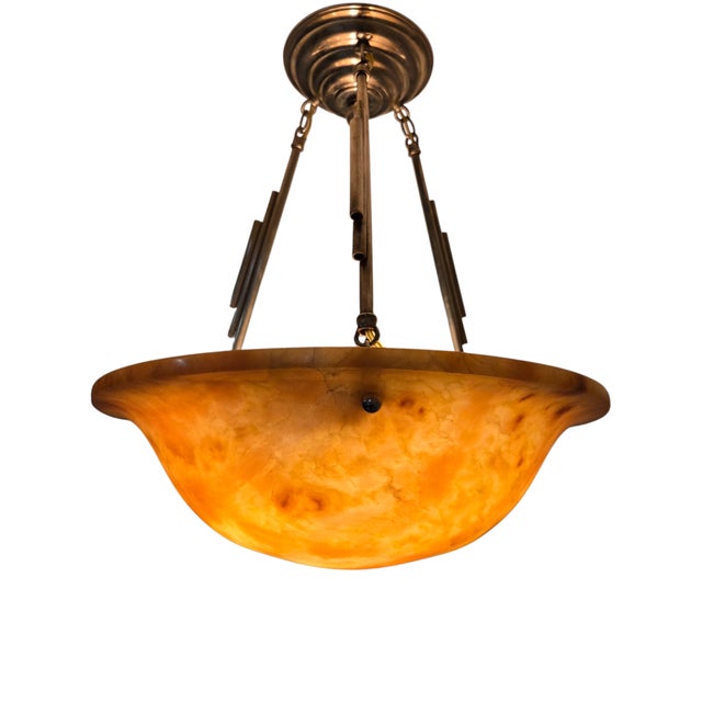 Early 20th Century Honey Amber Hand Carved Original Alabaster Bowl W/ Stepped Nickeled Bronze Stem For Sale - Image 14 of 17