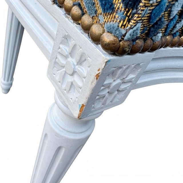 Louis XVI Style Medallion Chairs in Blue Textured Fabric, 1980s, Set of 6 For Sale - Image 16 of 18