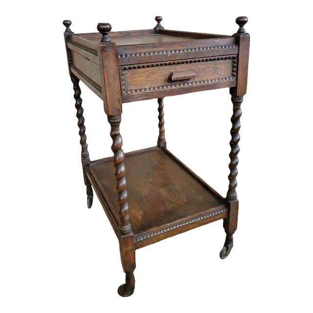 1920s Antique English Barley Twist Tea Trolley With Drawer For Sale