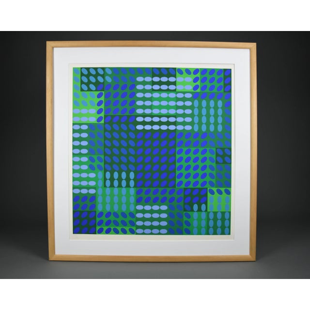 Victor Vasarely, Op Art Composition in Blue and Green, 1970, Lithograph, Framed For Sale - Image 4 of 9