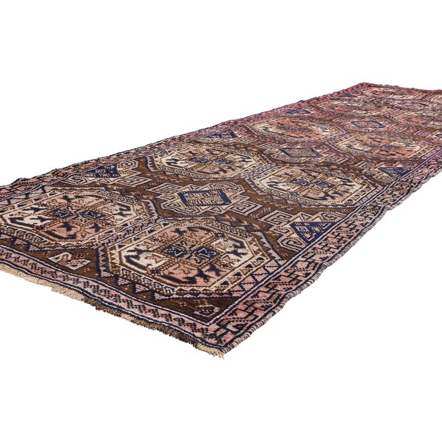61423 Antique Persian Shiraz Rug Runner, 03'10 x 12'05. The Stepped Gul Caravan: A Late 19th Century Persian Shiraz...