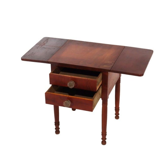 Antique Sheraton Cherry & Tiger Maple Two Drawer Drop Leaf Table with Original Sandwich Glass Pulls Unsigned C1840...