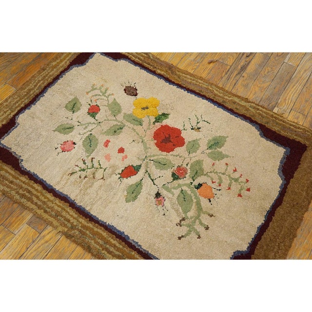 Textile Allover Floral 1930s American Hooked Antique Beige Folk Art Woven Wool Rug For Sale - Image 7 of 8