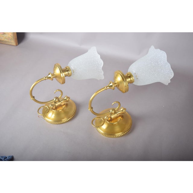 Brass Wall Sconces with Frosted Textured Tulip Glass Shades, 1950s, Set of 2 For Sale - Image 14 of 15