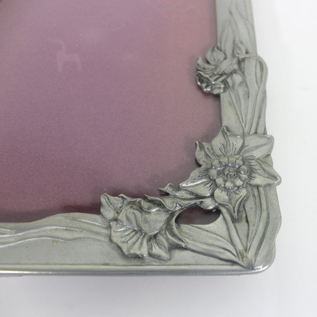 Traditional Vintage Pewter Picture Frame 5 X 7 Large Seagull Canada Daffodil Flowers Easel Table Top Photograph Wedding Portrait Rectangular Photo Pf234 For Sale - Image 3 of 9