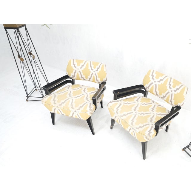 Pair of Mid-Century Modern Black Lacquer Abstract Fabric Lounge Chairs AS IS For Sale - Image 13 of 14