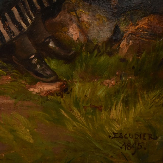 Charles Jean Auguste Escudier, Landscape with Shepherdess and Dog, 1895, Oil on Canvas, Framed For Sale - Image 9 of 11
